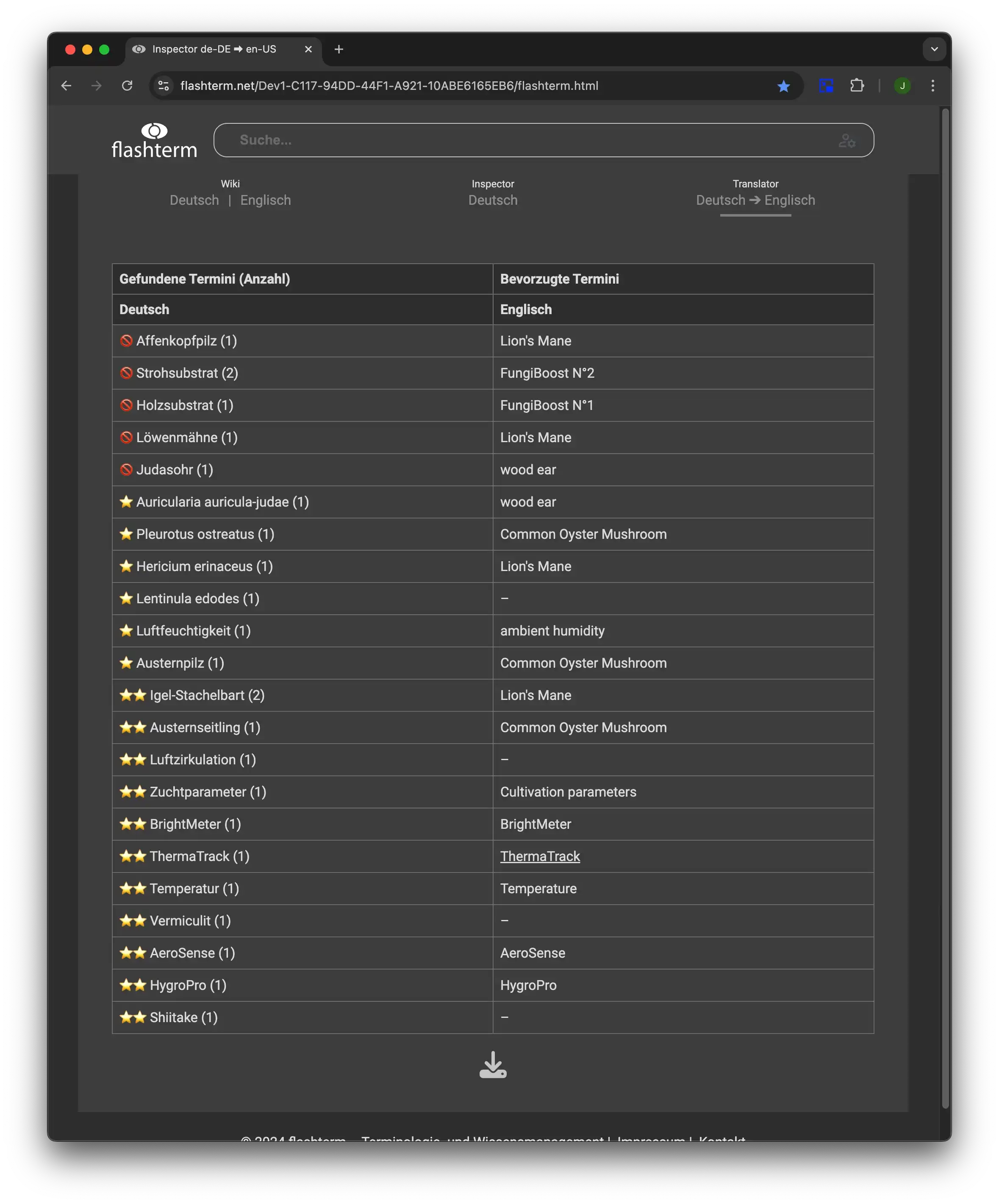 Translator view for term equivalents